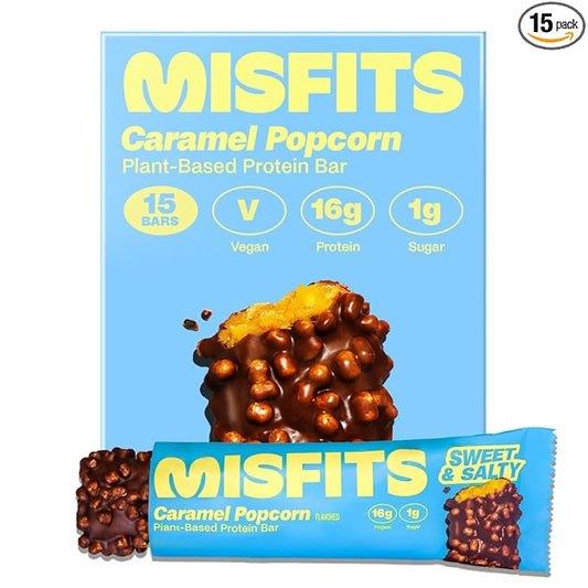 Misfits Vegan Protein (15 g) Bars, Sweet & Salty Caramel Popcorn | Plant Based, Gluten Free, Low Sugar & Carb Snacks with 4 g Fiber | Pack of 15