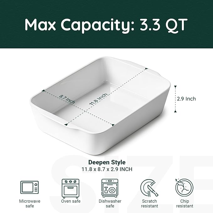 3.3 QT Ceramic Baking Dish, White Casserole Dish竊똋asagna Pan for Oven, Bakeware for Baking, Kitchen Decor, Microwave Oven Safe, Dinner Partyç«?.7" x 11.8"ç«?,<div>
