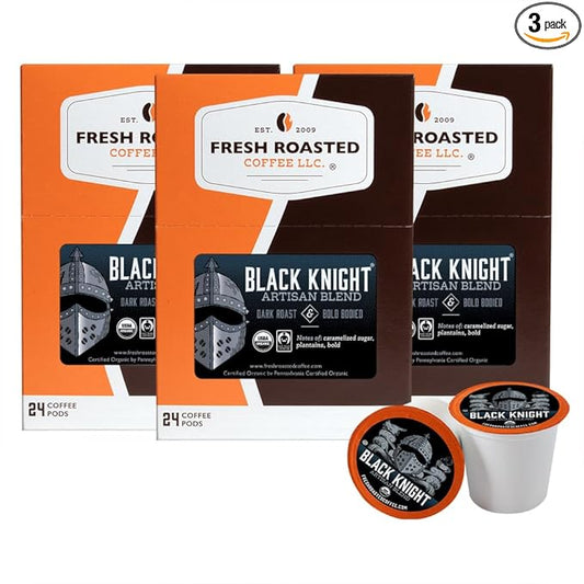 Fresh Roasted Coffee, Organic Black Knight | USDA Organic, Kosher | Dark Roast 72 Pods for K Cup Brewers