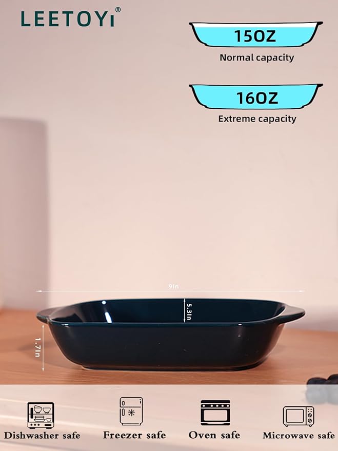 LEETOYI Ceramic Small Baking Dish, Porcelain 2-Piece Rectangular Bakeware with Double Handle, Baking Pans for Cooking and Cake Dinner 7.5"×5 (Royal Blue)