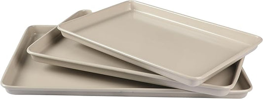 Martha Stewart Gallen 3-Piece Cookie Sheet Set ??13", 15", 17" Baking Pans, Ceramic Nonstick, PFA-Free, Carbon Steel ??Oven Safe to 450°F, Warp-Resistant, Easy to Clean - Taupe