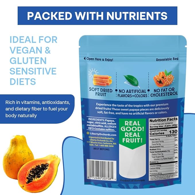 Liberty Orchard Dried Papaya with Fiber - Naturally Sweet Fruit Snacks for Healthy Digestion & Busy Lifestyles - Dried Papaya Ideal for Recipes & On-The-Go Snacking - 4 Pack