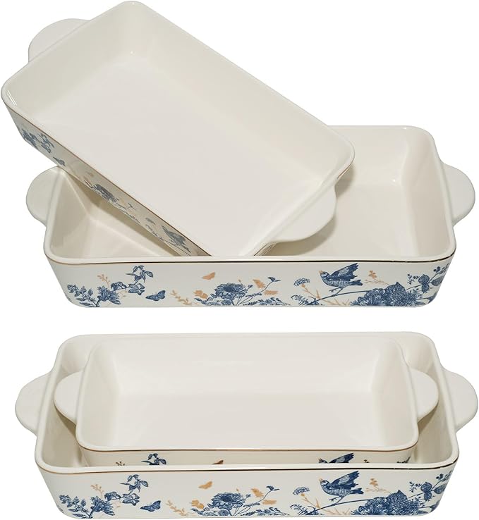 Baking Pans Set of 2 Blue flower 14 inch Ceramic for Oven Large Casserole Baking Dish Set with Handles Porcelain Bakeware Sets Casserole Dish for Oven/Cooking/Kitchen/Cake Dinner