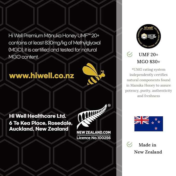Hi Well Premium New Zealand 100% Manuka Honey UMF 20+ MGO 830+ | Certified Monofloral Raw Honey (500g)