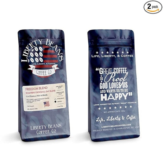 Liberty Beans Coffee | Perfect All-Day Smooth Medium-Dark Roasted Coffee | 100% Arabica | Boosts Energy, Supports Wellness | Low Acid, Rich Flavor | Fair Trade & Organic, 12 oz (2 Pack, Freedom Blend)