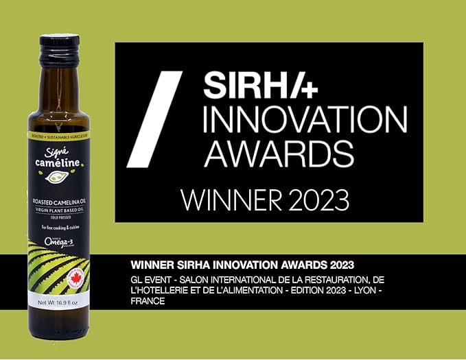 Signé Caméline, Cold-Pressed Roasted Camelina Oil, 16.90 fl oz. Sesame oil substitute. Notes of Roasted hazelnuts, Asian cuisine, Ramen noodles, Sushi, Sautés. Product of Canada.