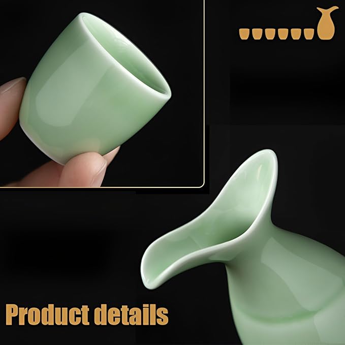 Ceramic Sake Set, Japanese Sake Set Traditional, Sake Set of 7, 1 Tokkuri Bottle (6.4 oz) and 6 Ochoko Cups (0.7 oz), Retro style, Solid Color Glazed Surface, for Hot or Cold Sake