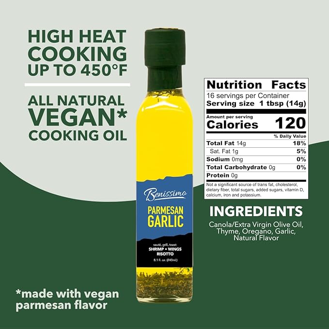 Benissimo Parmesan Garlic Herb Infused Oil, All Natural Gourmet Cooking Oil with Chef-Inspired Herbs, Ideal for Dipping, Marinades, Sautéing, Drizzling, 8.1 fl oz