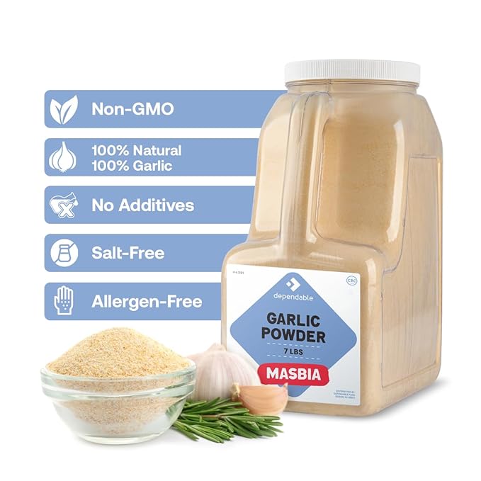 Dependable Food Garlic Powder -7 LB.- Restuarant Bulk Size Jar, Kosher, Versatile, Dehydrated, Non-GMO Seasoning for Vegetables, Meat Rubs & More - Allergen-Free, 100% Natural Granulated Garlic