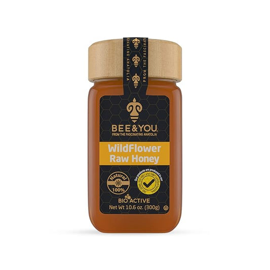 Bee and You Raw Wildflower Honey, 100% Natural, Wildcrafted, Polyflora and Unprocessed, Active Enzymes, Antioxidants, OU Kosher, Paleo, Gluten-Free, 10.6 oz