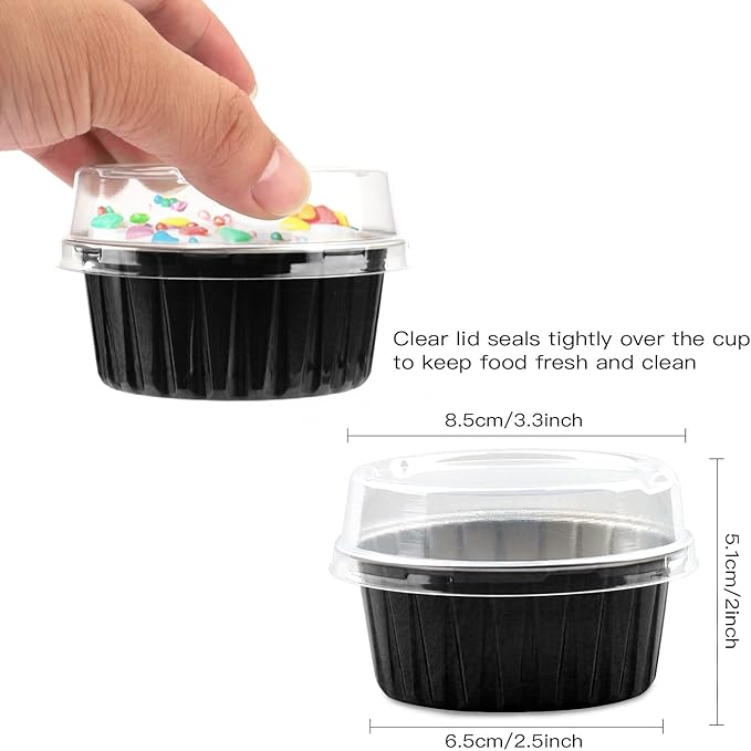Lainrrew 50 Pack Baking Cups with Lids, Aluminum Foil Cupcake Cups Muffin Liners, Disposable Foil Ramekins, Cupcake Holders Dessert Containers Mini Pudding Cups (Black)