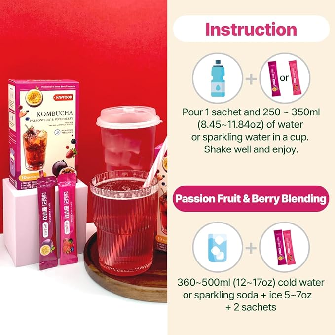 KAYFOOD-Kombucha-Peach-Garden-Daily Zero Sugar, Diet, Gut Healthy Sparkling Beverage, Fermented Korean Drinks for Iced, Hot, Workout Tea (10ST) (10ST, Passion Fruit&berry)