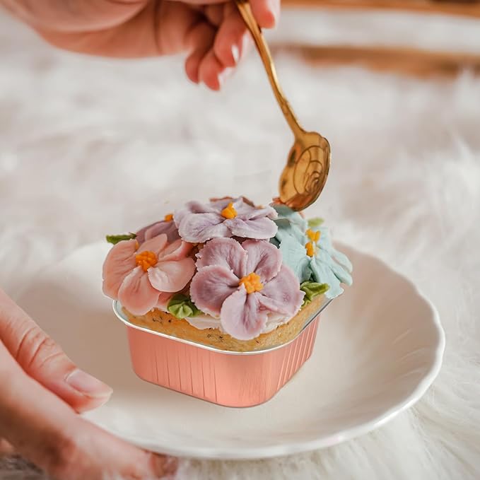 120pack 5oz Mini Cake Pans with Lids,LNYZQUS Foil Cupcake Cups Small Brownie Baking Tins,Square Disposable Ramekins Mini Cheesecake Containers Muffin Holders-Champagne