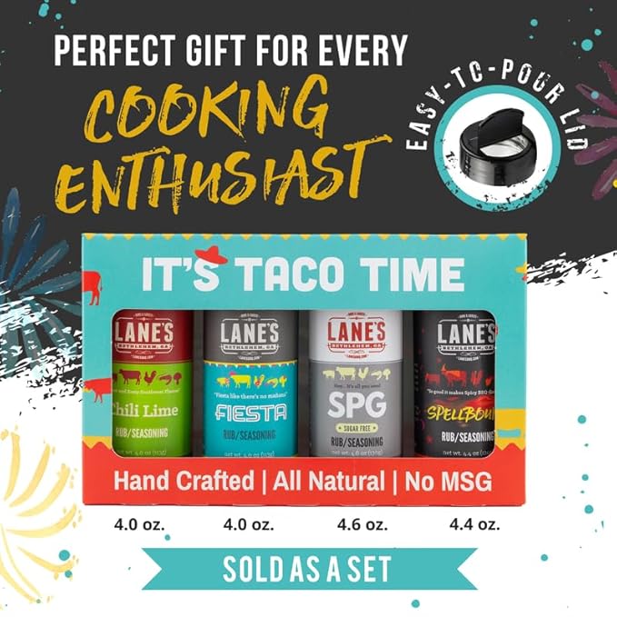 Lane's It's Taco Time Mexican Seasoning, All-Natural 4 Rubs Gift Set of Fiesta Taco Seasoning Mix, Chili Lime Seasoning, Spellbound Hot Rub & SPG Rub