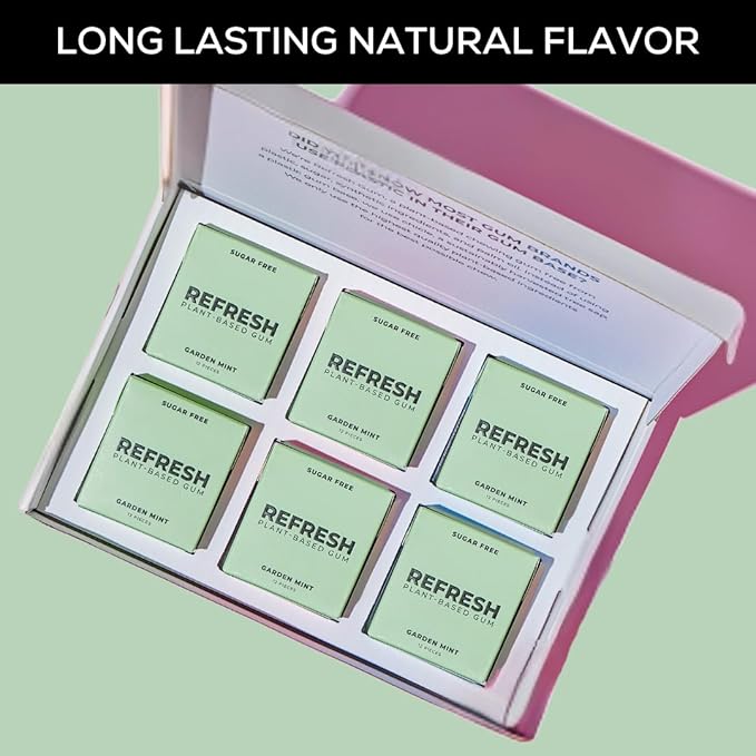 Refresh Gum, Xylitol, Natural, Sugar Free, Long Lasting, Plastic Free, Natural Flavors & Organic Ingredients, Plant-Based, Low Calorie, Non GMO, Gluten Free, Vegan, Garden Mint Flavor, 12 Pcs, 12 Pack