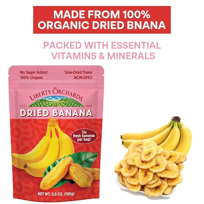 Liberty Orchard Organic Whole Dried Banana - Naturally Sweetened Dried Fruit Snack for Healthy Digestion & Busy Lifestyles - Delicious 6 Fresh Bananas in Each Bag - 5 Pack
