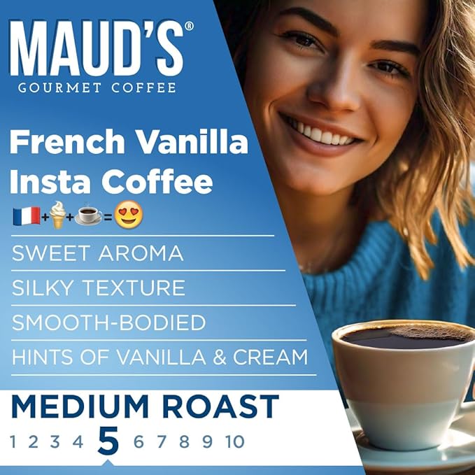Maud's French Vanilla Instant Coffee, 26 ct, 100% Arabica Coffee, Medium Roast, Instant Hot or Iced Coffee - Just add water