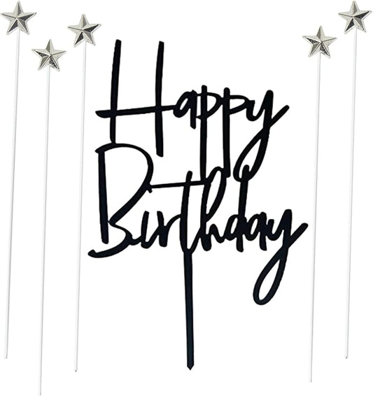 Set of 1 Black Acrylic Happy birthday Cake Topper,5 pcs silvery Star Cake Cupcake Topper(Black 1)