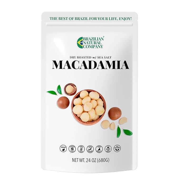 Macadamia Nuts 24 oz, Stand Up Pouch – Rich in Omega 3, Vitamins and Minerals – Natural Source of Skin and Well Being – Lightly Salted – Brazilian Natural Company