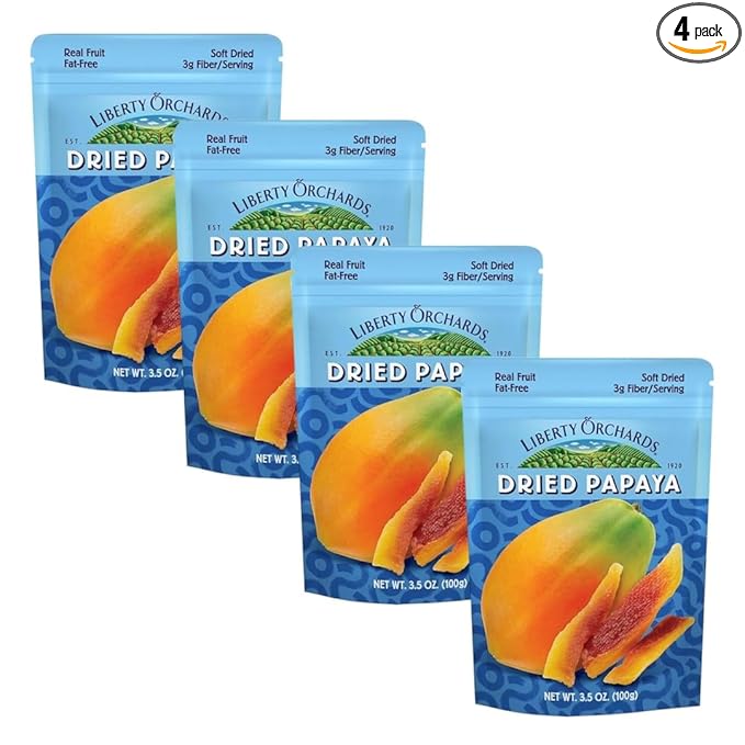 Liberty Orchard Dried Papaya with Fiber - Naturally Sweet Fruit Snacks for Healthy Digestion & Busy Lifestyles - Dried Papaya Ideal for Recipes & On-The-Go Snacking - 4 Pack