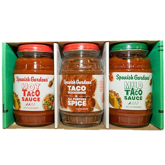 Spanish Gardens Taco Truck Trio ??Mild Taco Sauce, Hot Taco Sauce, & Taco Seasoning for Authentic Mexican Food ??Original Family Recipe for Tex Mex Food