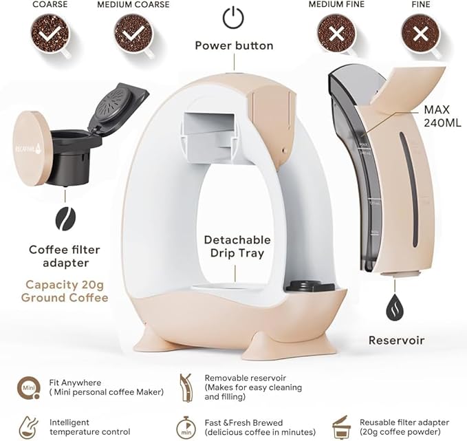 MINI Q 2-in-1 Single Serve Coffee Maker - Brew K-Cups or Ground Coffee (4-8 oz) - Compact Americano Coffee Brewer with Reusable Filter (Champagne)