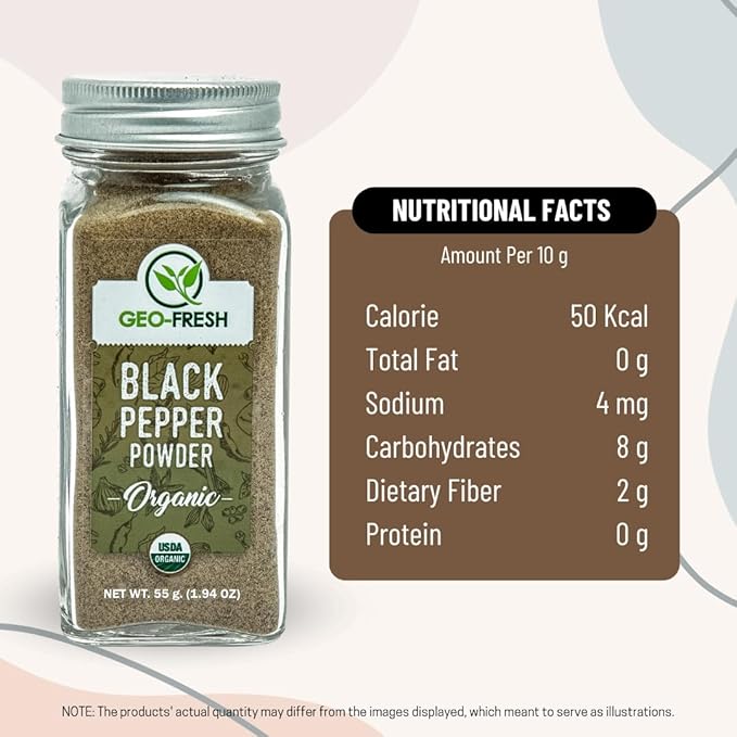 Geo-Fresh Organic Black Pepper Powder ??1.94 oz Glass Jar ??Black Pepper Ground ??USDA Certified ??Non-GMO, Kosher, Gluten-Free ??Premium Quality and Organic for Cooking & Seasoning