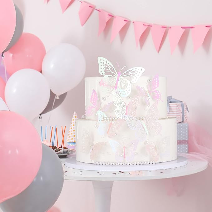 Gyufise Laser Light Pink Butterfly Cupcake Toppers Hollow Art 3D Butterfly Cupcake Decorations Baby Shower Wedding Anniversary Kids Birthday Party Cake Wall Decorations Supplies 36Pcs