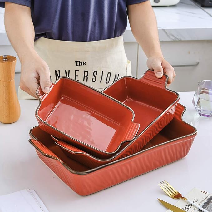 KOOV Bakeware Set, Ceramic Baking Dish Set, Rectangular Casserole Dish Set, Lasagna Pans for Cooking, Cake Dinner, Kitchen, 9 x 13 Inches, Texture Series 3-Piece (3 Piece, White)