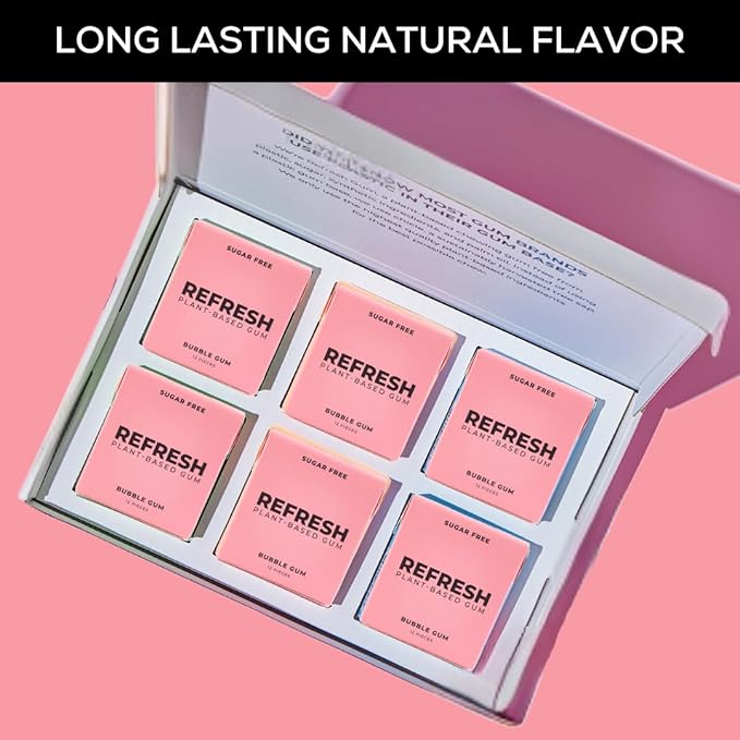 Refresh Gum, Xylitol, Sugar Free, Natural, Long Lasting Chewing Gum, Natural Flavors & Organic Ingredients, Plant-Based, Plastic Free, Non GMO, Gluten Free, Vegan, Bubble Gum Flavor, 12 Pcs, 12 Pack