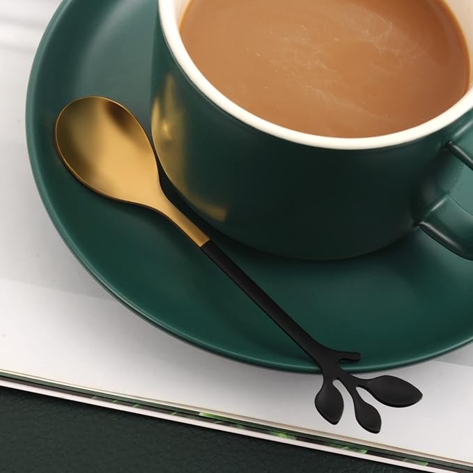 AnSaw Small Coffee Spoon Holder Set,Black Swan Base With 10 Pcs Black & Gold Demitasse Espresso Spoons Set,4.7" Mini Leaf Dessert Spoon,Stainless Steel Tea Spoons