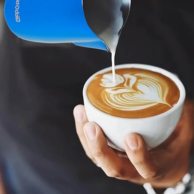 Milk Frothing Pitcher Latte Coffee, Stainless Steel Milk Frother Jug, Espresso Accessories Steaming Froth Cup Cappuccino 12 Oz, 350ml Blue