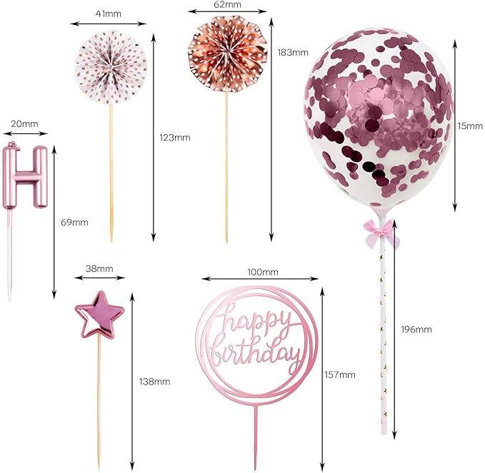 BEAN LIEVE Birthday Candles Set - Cake Topper Decoration with Cake Candles Confetti Balloon Stars and Fan Cupcake Toppers 12 Pieces Birthday Cake Decor for Birthday Party Celebration (Rose gold)
