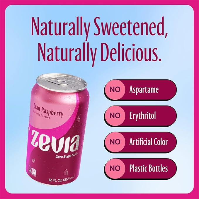 Zevia Zero Sugar Soda, Cran-Raspberry, 12 oz Cans (24-Pack) ??Naturally Sweetened, Non-GMO Project Verified, Gluten-Free, Vegan