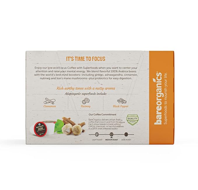 BareOrganics Focus Coffee Pods With Superfoods & Probiotics | Compatible | USDA Certified Organic, Vegan, Non-GMO & Recyclable Single Serve 10ct (Pack of 6)