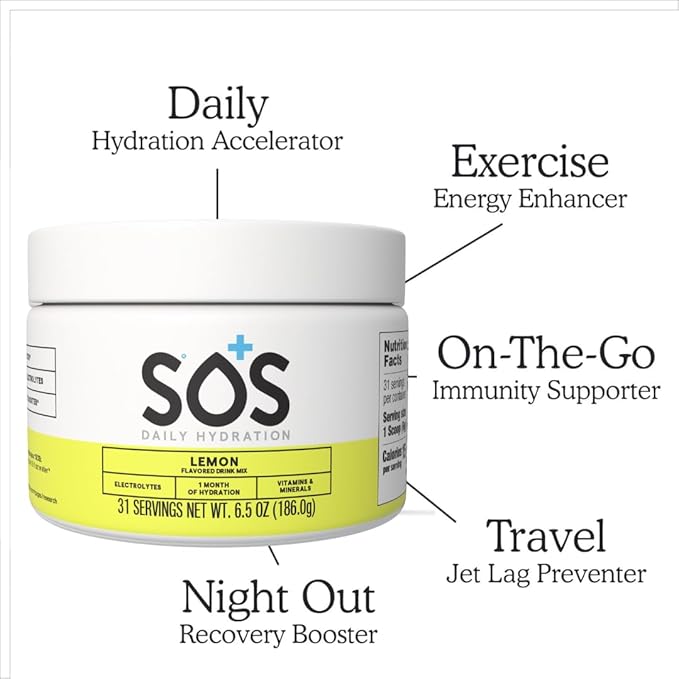 SOS Hydration Electrolyte Drink Mix (31 Servings) ??Low Sugar, 15 Calorie, Keto-Friendly & Rapid Rehydration (31 Servings, Lemon)