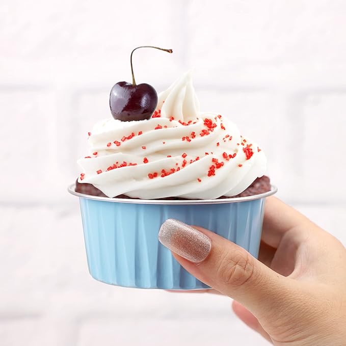 EUSOAR Mini Aluminum Pans with Lids, Pack of 30 Gold Bule Red 5oz Disposable Aluminum Foil Cupcake Liners Ramekins Baking Cups, Dessert Cups with Lids Aluminum Cheesecake Pan Creme Brulee Ramekins
