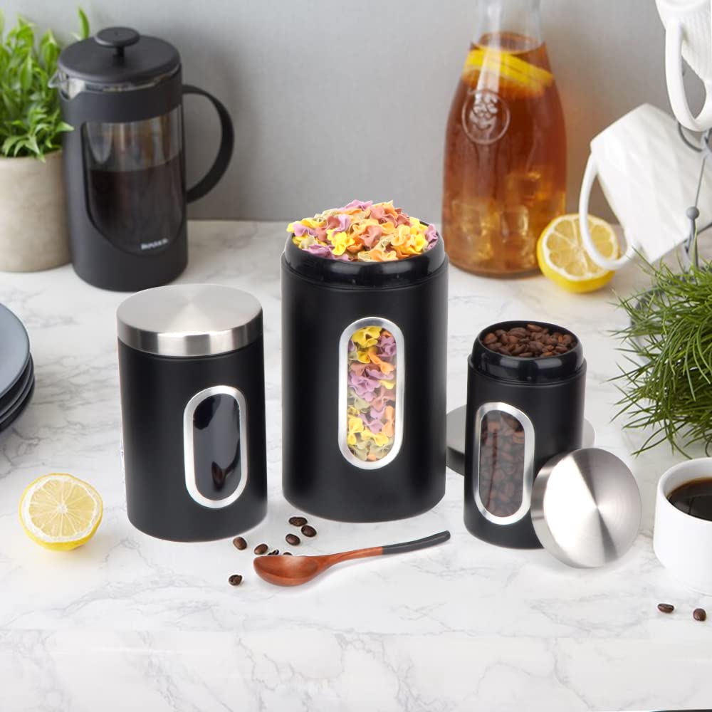AEUNKIUO Black Kitchen Counter Canister set 3 pieces, 0.9/1.6/2.9 Quarts Stainless Steel Flour