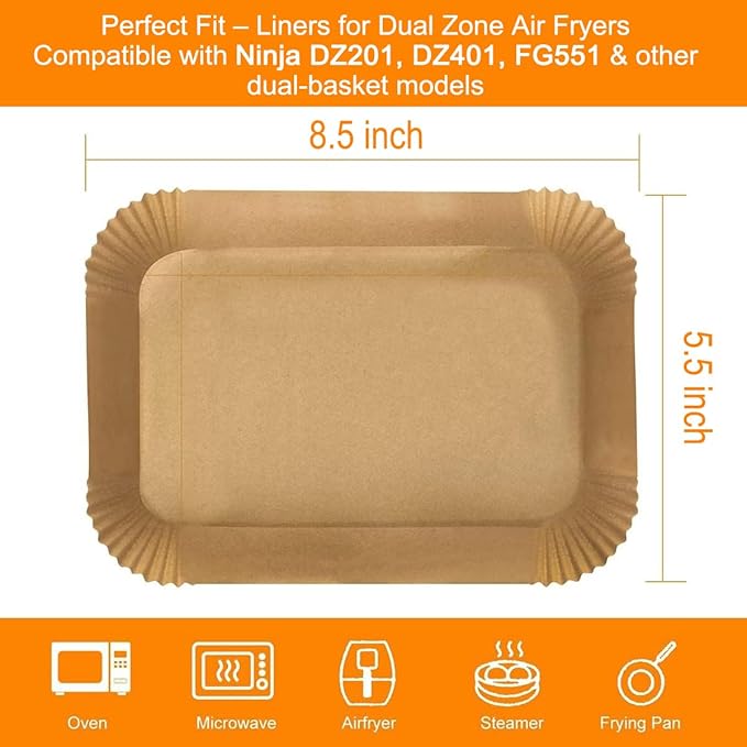Air Fryer Disposable Paper Liner, 100 Pack Baking Paper for Ninja Foodi DZ201 DZ401 Dual Air Fryer, Food-Grade Non-Stick Waterproof Oil-Proof Parchment Liners (9 x 6 inch)