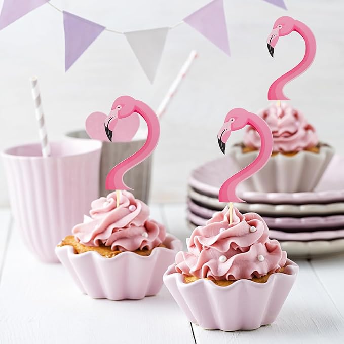 24Pcs Flamingo Cupcake Toppers, Tropical Aloha Cake Decorations for Luau Hawaiian Theme Baby Shower Birthday Party Supplies