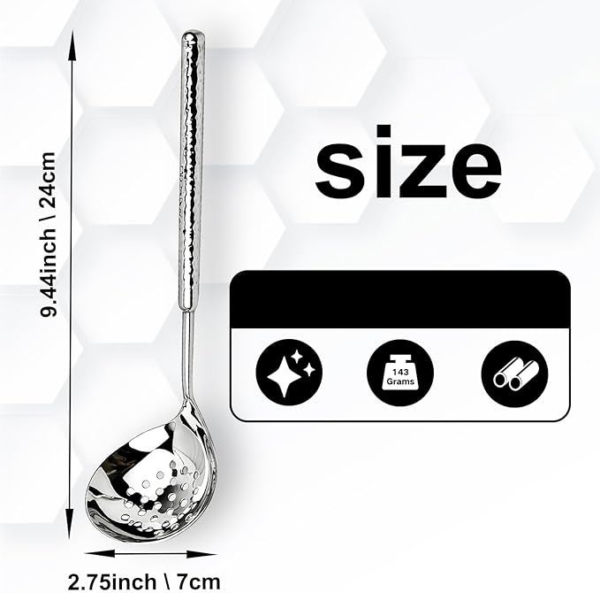 18/8 Stainless Steel Slotted Serving Spoon, 9.4" Metal Kitchen Strainer Spoon for Hot Pot, Pasta, Vegetables, Dishwasher Safe, Hammered Design with Round Handle