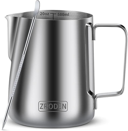 Milk Frothing Pitcher, 20oz Espresso Steaming Pitchers Stainless Steel Cappuccino Coffee Machine Accessories Barista Tools Steamer Froth Pitchers Milk Jug Cup with Decorating Pen Latte Art