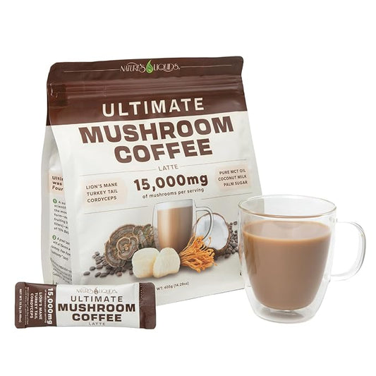 Nature's Liquids Ultimate Mushroom Coffee Latte - 15,000 mg Organic Fruiting-Body Mushrooms per Serving - Lion's Mane, Turkey Tail, Cordyceps - Focus & Immune Support - 30 Stick Packs