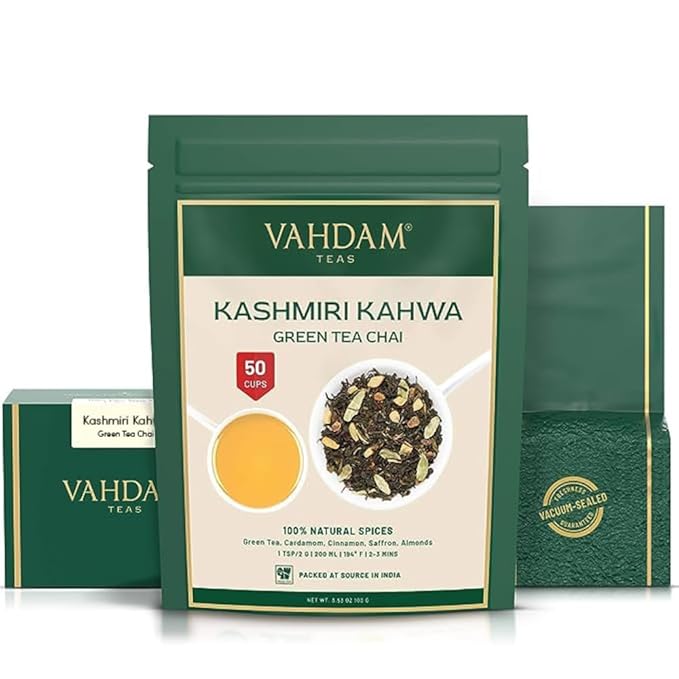 VAHDAM, Kashmiri Kahwa Tea (50 Cups/3.53oz) | Green Tea, Cinnamon, Cardamom, Almond & Saffron | Premium India Loose Leaf Tea | Vacuum Sealed for freshness