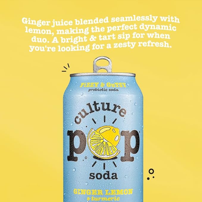 Culture Pop Soda, Ginger Lemon & Turmeric, Probiotic Low Sugar Soda, Sparkling Juice Alternative, Non-GMO, Kosher, Gluten-Free, No Stevia (12pk)