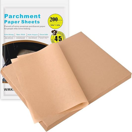 WMKGG 200Pcs Unbleached Parchment Paper for Baking, 9 x 13 Inch Precut Heavy Duty Parchment Paper Sheets for Cooking, Grilling, Air Fryer and Oven
