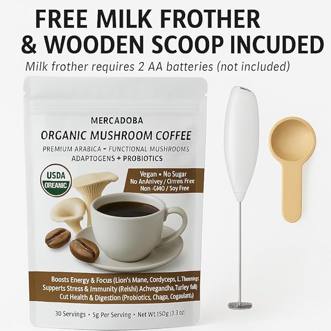 Organic Mushroom Instant Coffee – Premium Arabica & 7 Functional Mushrooms – Lion’s Mane, Chaga, Cordyceps – Focus, Energy, Immunity – USDA Organic, Vegan, Non-GMO – 30 Servings