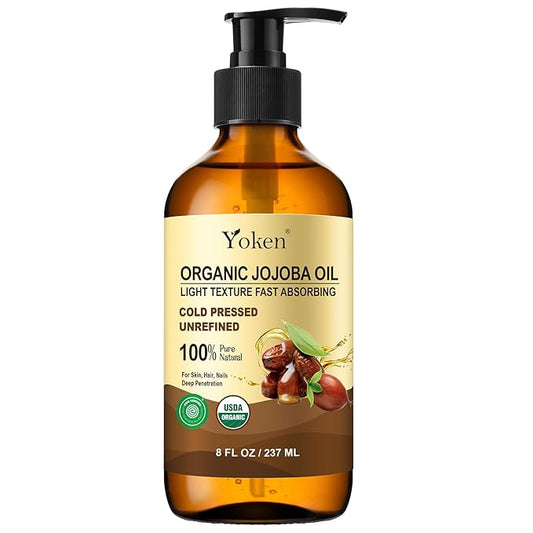 Yoken Organic Jojoba Oil Glass Bottle 8 fl oz, USDA Certified 100% Pure & Natural Jojoba Oil for