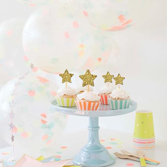 30 PCS Gold Little Star Cupcake Toppers Glitter Twinkle Star Cupcake Picks Baby Shower Cake Decorations for Wedding Engagement Bridal Shower Kids Birthday Party Supplies Mixed Size