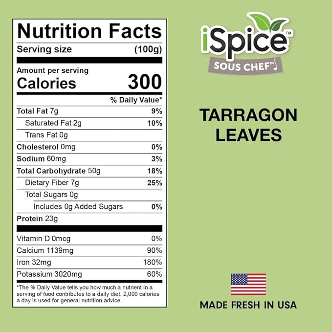 iSpice Premium Tarragon Leaves| All Natural Sundried Green French Herbs | Perfect for Chicken, Fish, Soup And Egg Dishes | 1.42oz (40g)